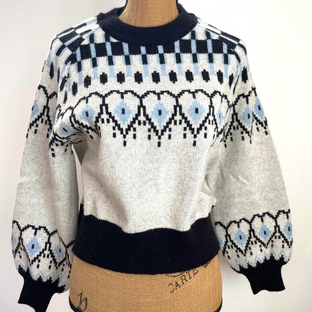 Fair Isle Scandi Pullover Sweater, Pretty Balloon Sleeve, Ivory Blue Black Heart - Picture 1 of 14